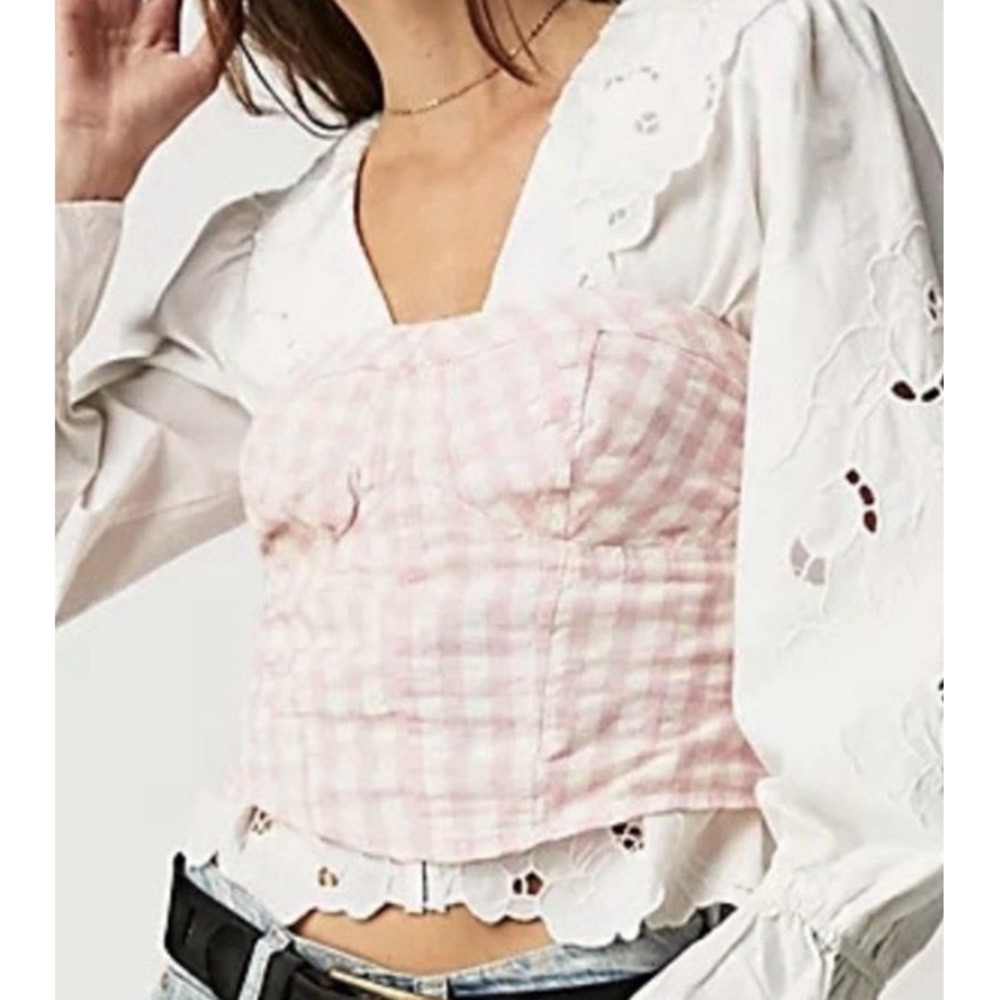 Free People Pink Gingham Smocked Crop Top Western Cowgirl Feminine Boho Size Lg - Picture 3 of 9